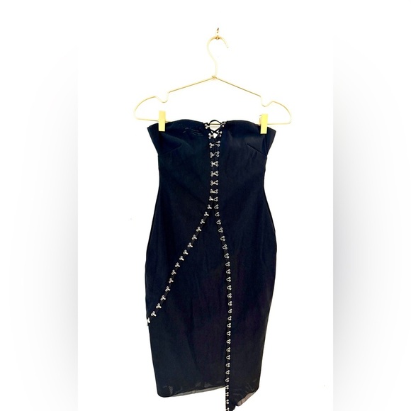 BEC + BRIDGE Black Lace Up Corset Strapless Asymmetrical Midi Dress Size 2 - Picture 1 of 11